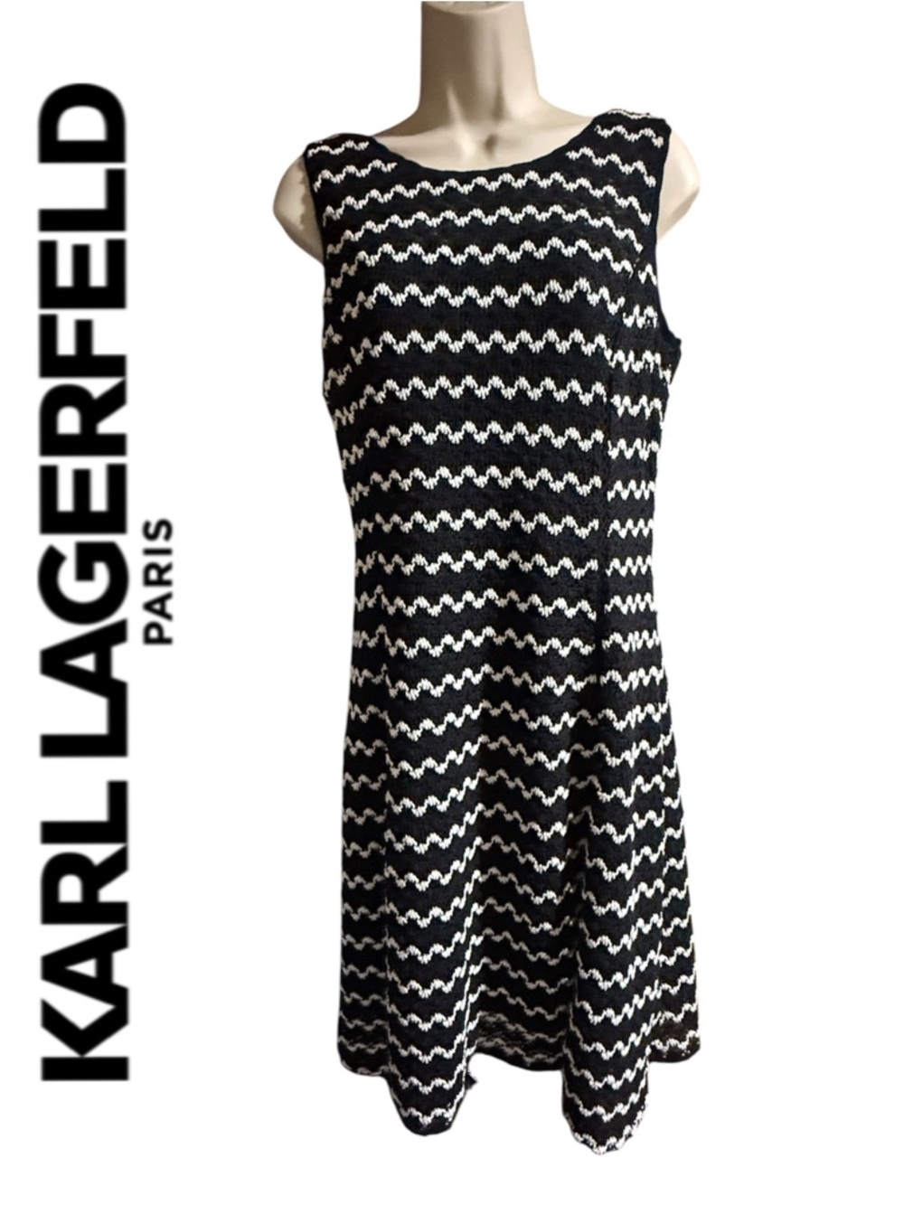 Karl Lagerfeld Black & White Wave-Pattern A-Line Dress|woman size 8